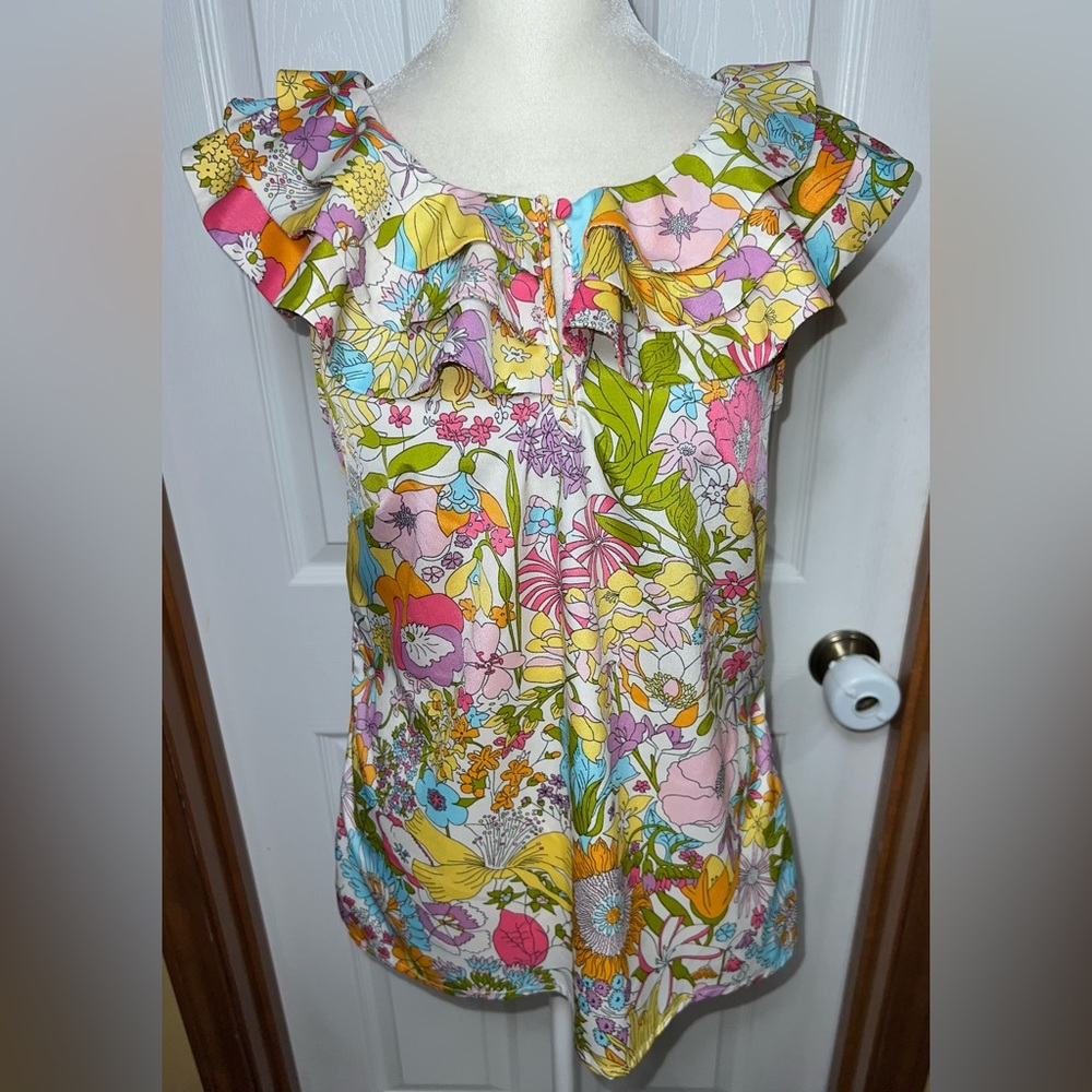 Liberty of London for Target Floral Sleeveless Blouse Tank Top Ruffle Neck S